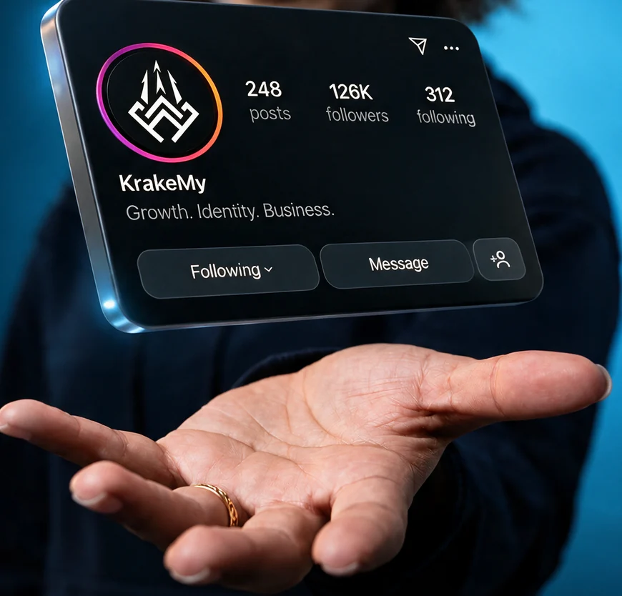 A hand holding a floating KrakeMy Instagram profile card