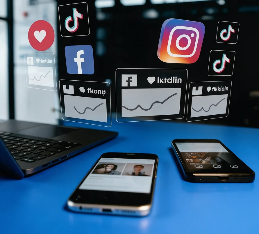 A laptop and two phones on a blue desk, with social media icons floating above