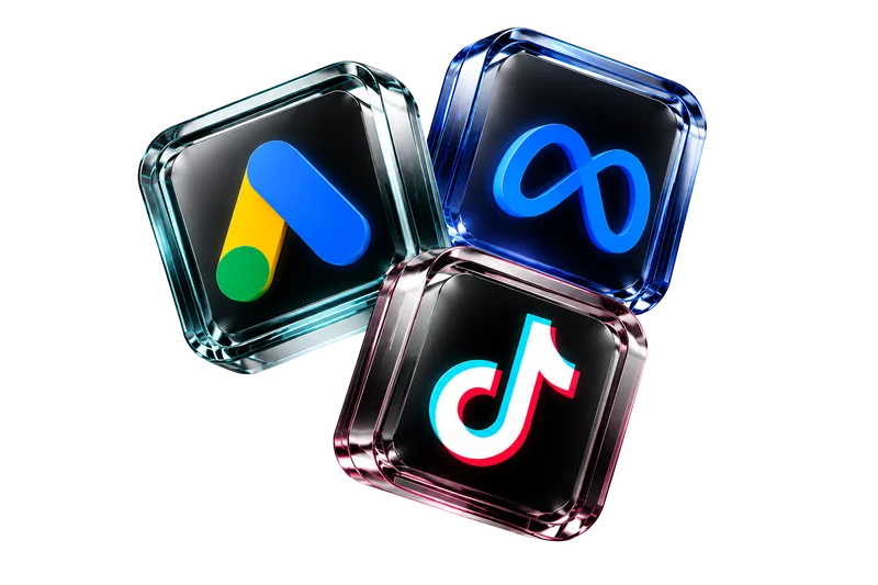 Glass tiles with the Google Ads, Meta and TikTok logos