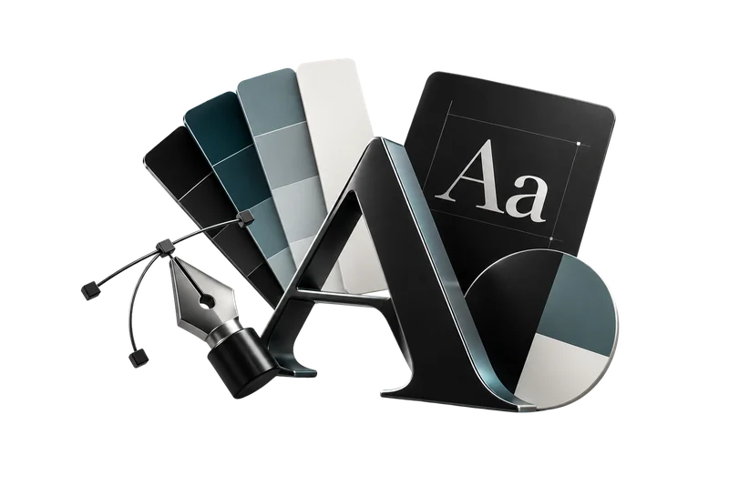 Color swatches, a fountain pen, a sculpted letter A and type specimens