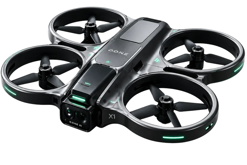 Compact drone with four protected propellers and a front camera