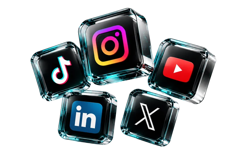 Glass tiles with the TikTok, Instagram, YouTube, LinkedIn and X logos