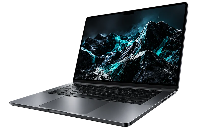 Laptop showing a dark mountain landscape